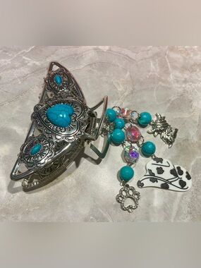 Hand Crafted Turquoise and Silver Filigree Hair Claw with Charms